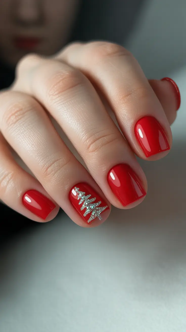 Christmas Nail Art 2025 Red Silver Tree