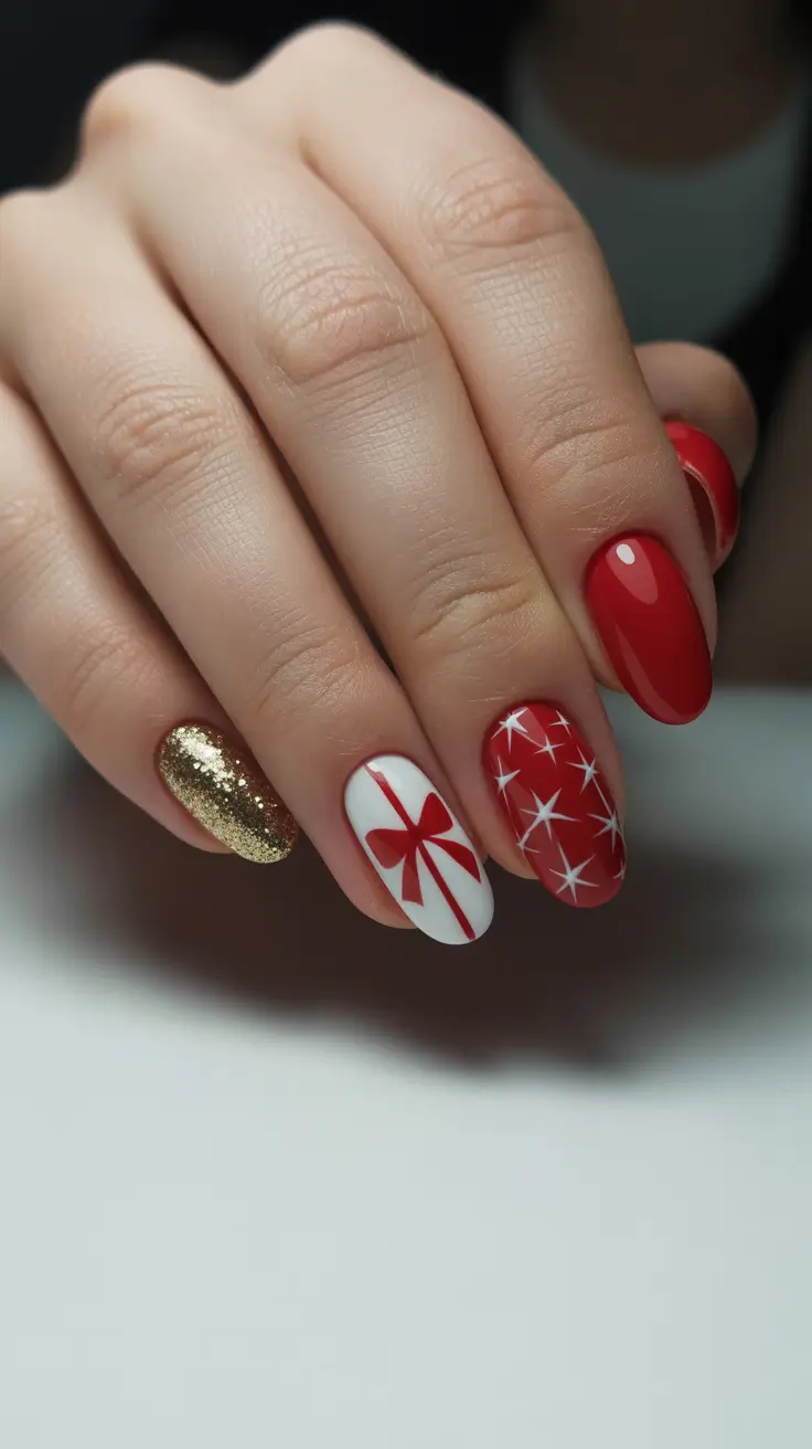 Christmas Nail Art 2025 Ribbon Gold Sparkle