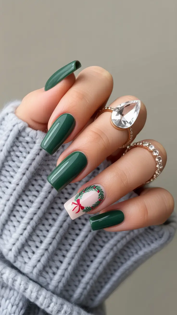 Christmas Nail Art 2025 Evergreen Wreath Accent