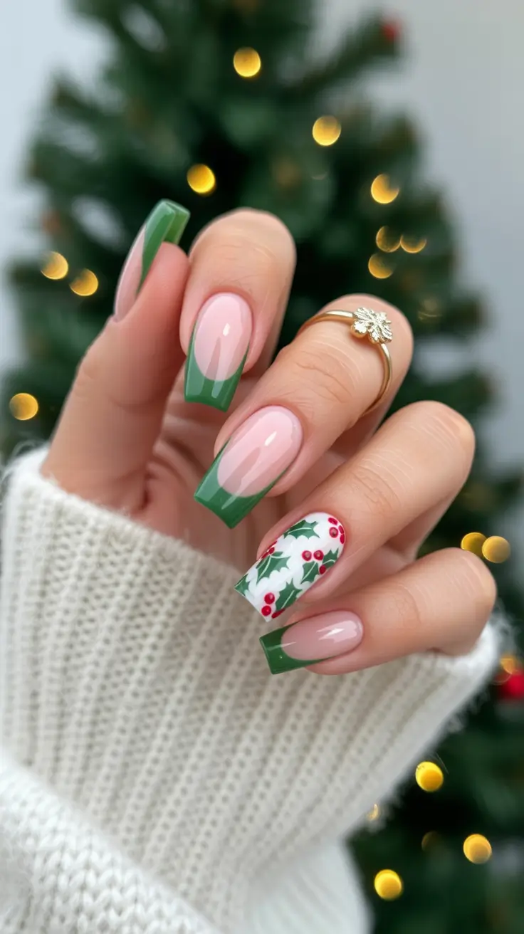 Christmas Nail Art 2025 Holly French Tips