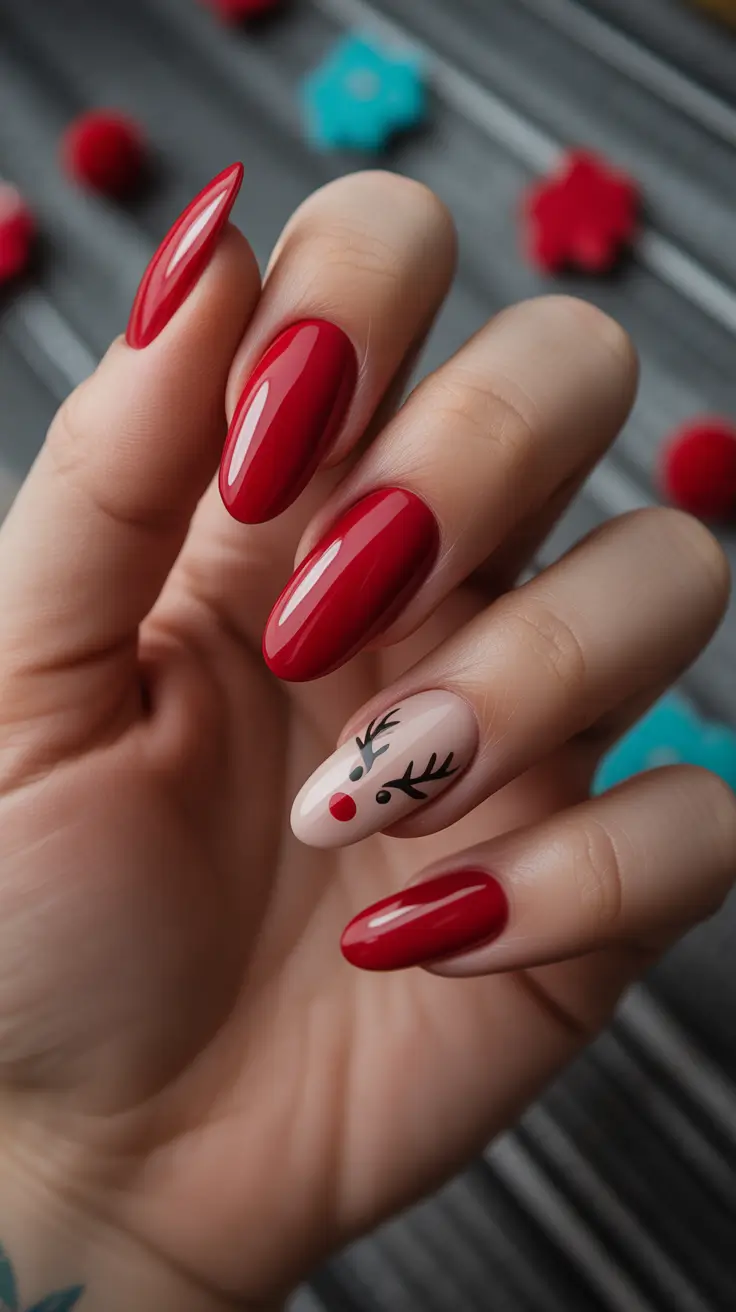christmas-nails-acrylic-ideas-2025-Classic-Red-with-a-Rudolph-Twist