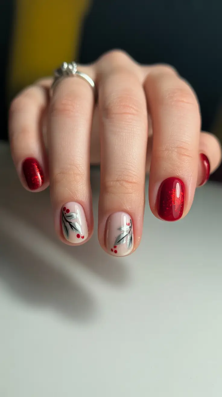 christmas-nails-acrylic-ideas-2025-Minimal-Holly-Charm