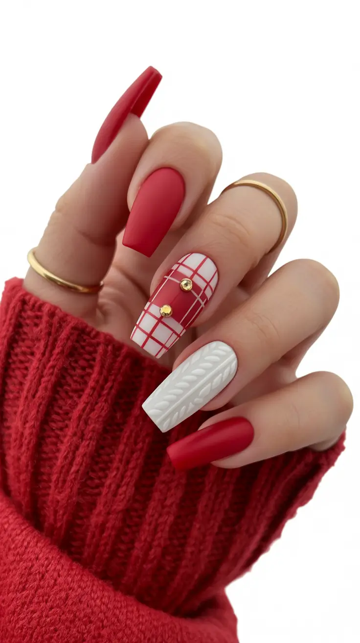 christmas-nails-acrylic-ideas-2025-Cozy-Cable-Knit-and-Plaid-Perfection