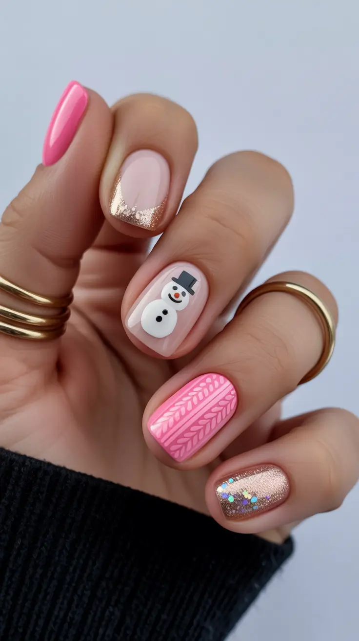 christmas-nails-acrylic-ideas-2025-Pink-Frost-and-Playful-Snowman
