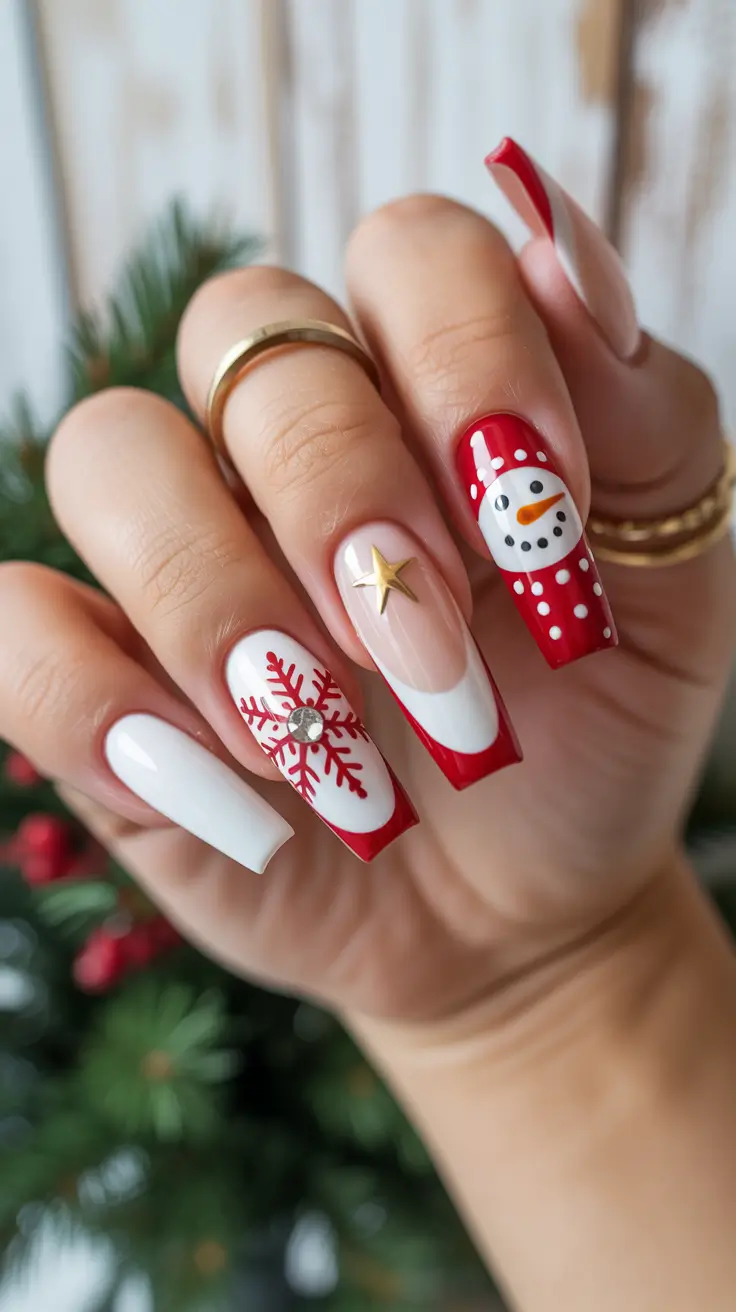 christmas-nails-acrylic-ideas-2025-Frosted-French-and-Snowman-Fun