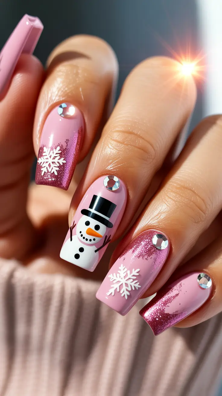 christmas-nails-acrylic-ideas-2025-Frosty-Pink-Snowman-Fantasy