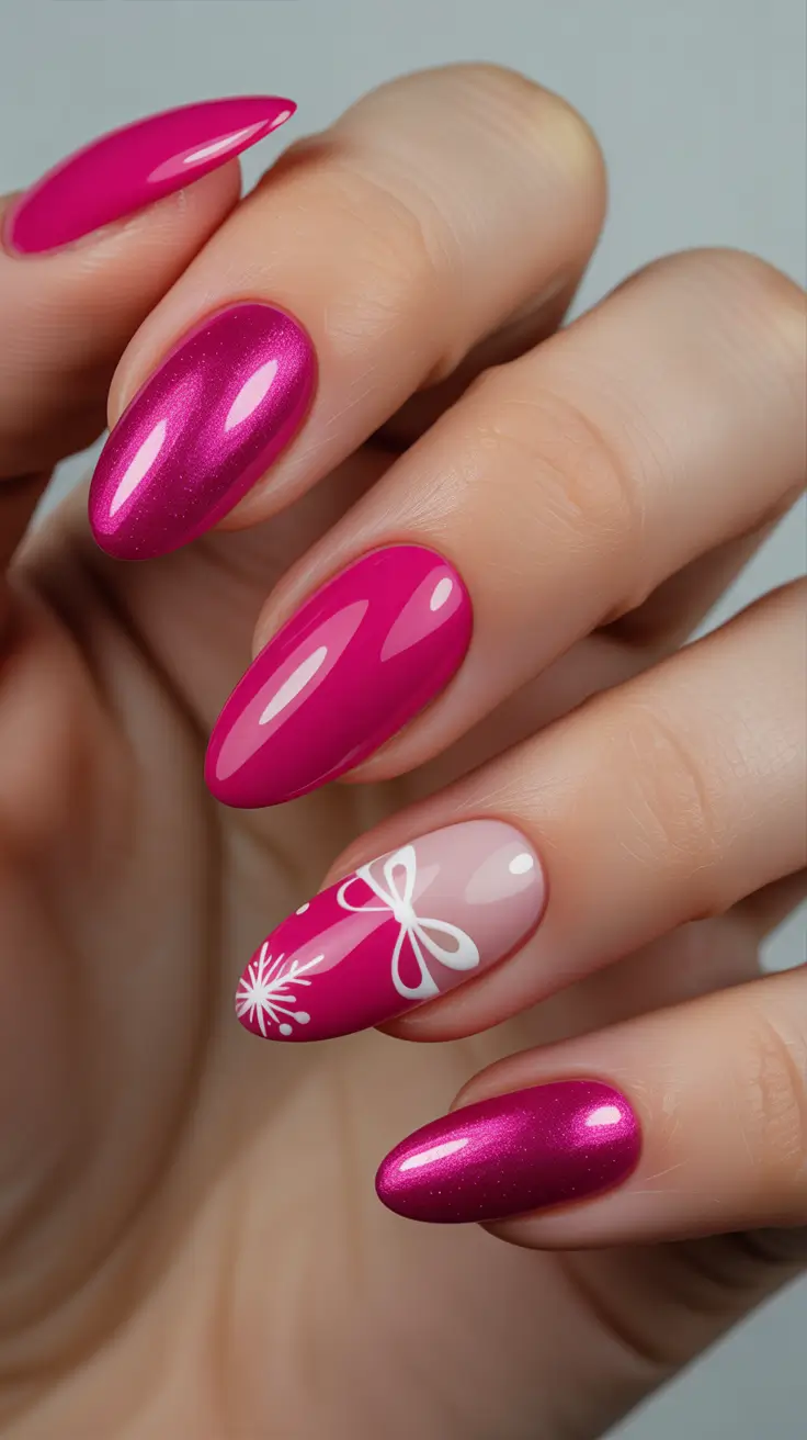 christmas-nails-acrylic-ideas-2025-Fuchsia-Holiday-Bow