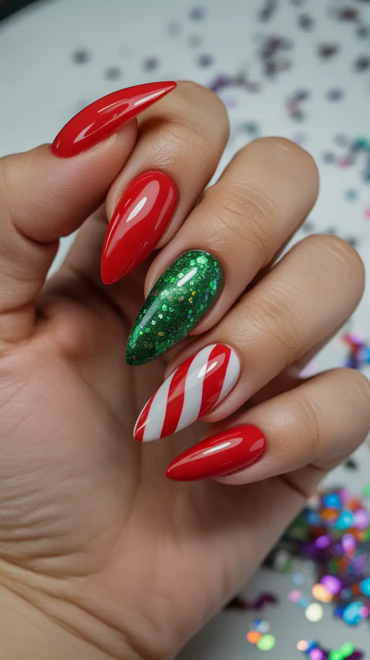 christmas-nails-acrylic-ideas-2025-Glam-Green-and-Candy-Mix