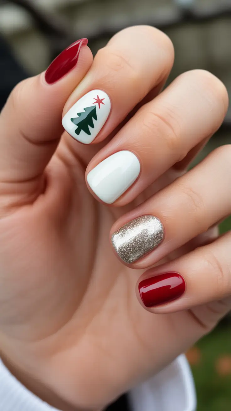 christmas tree nails ideas 2025 Classic Red and Gold Joy