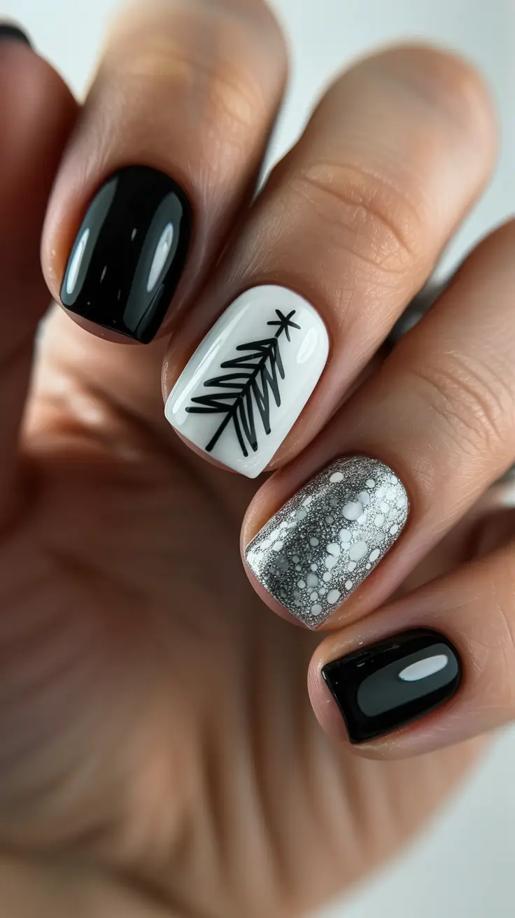christmas tree nails ideas 2025 Monochrome Winter