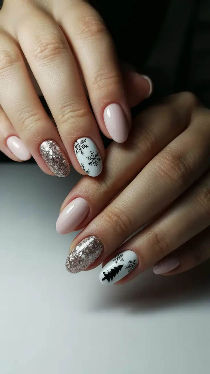 christmas tree nails ideas 2025 Frosted Rose Gold Magic