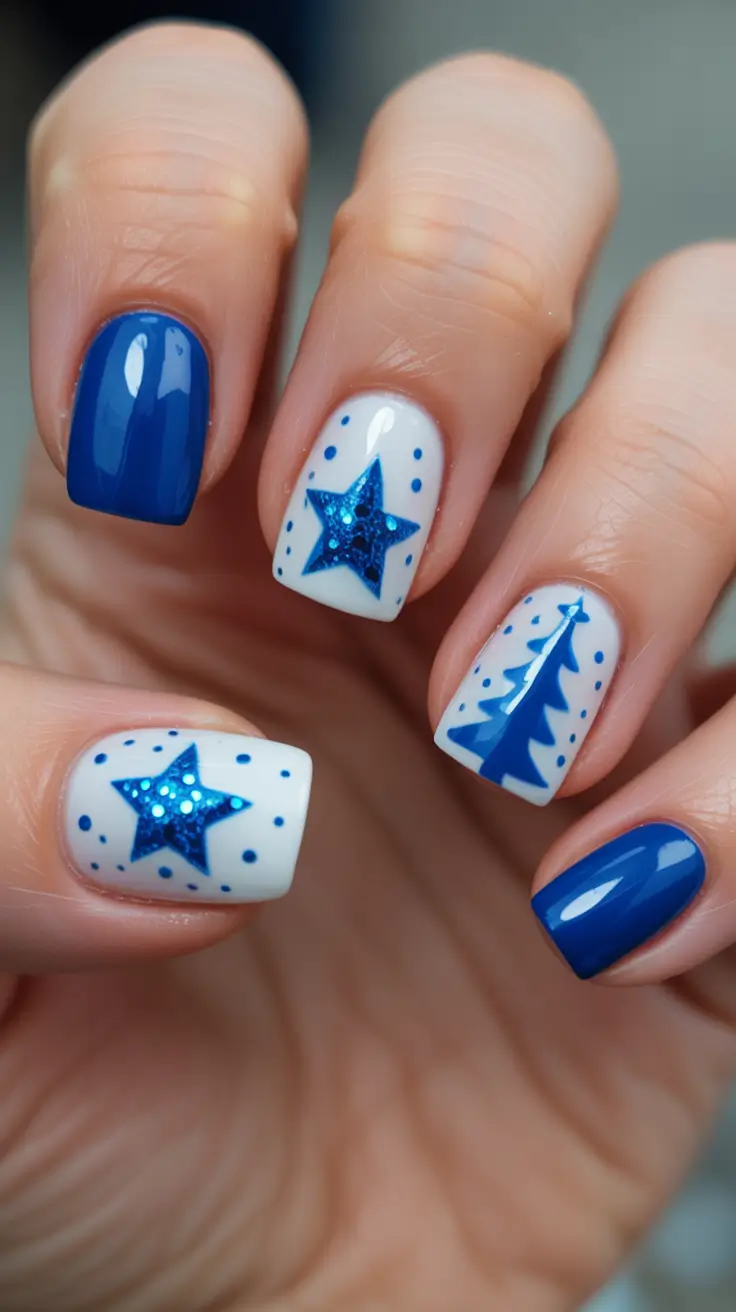 christmas tree nails ideas 2025 Blue Winter Stars