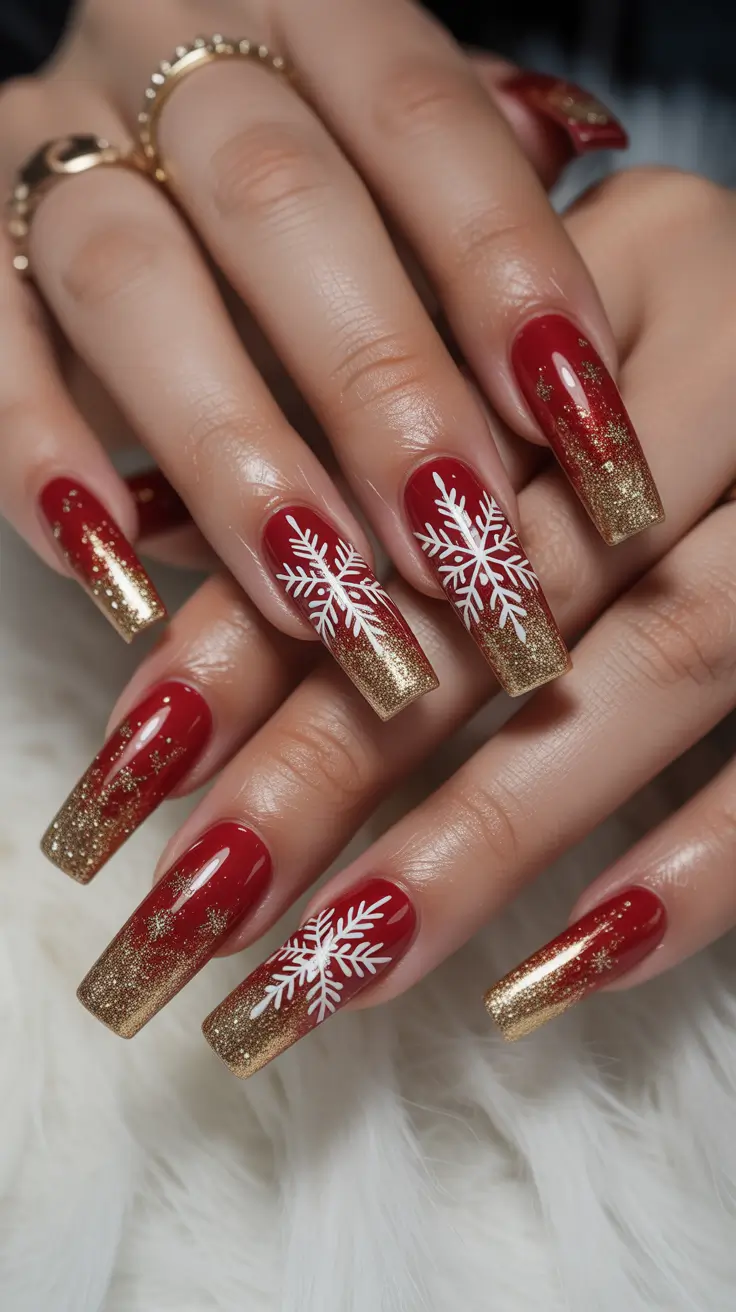 classy winter nails coffin Gilded Snowflakes
