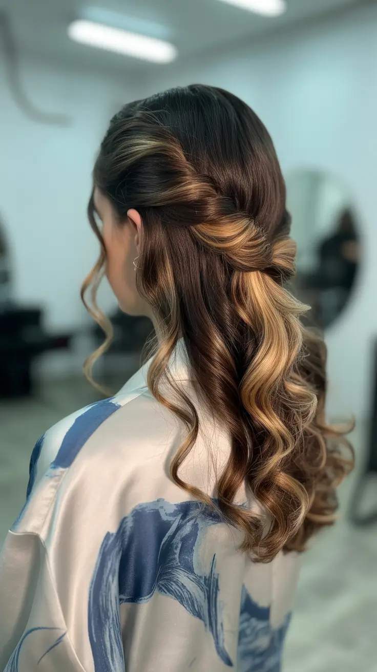 cute winter haircuts for women Twisted Half-Up with Highlighted Waves