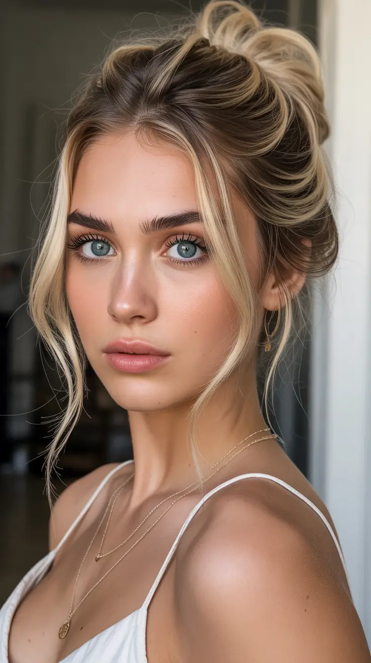 cute winter haircuts for women Messy Bun with Face-Framing Strands