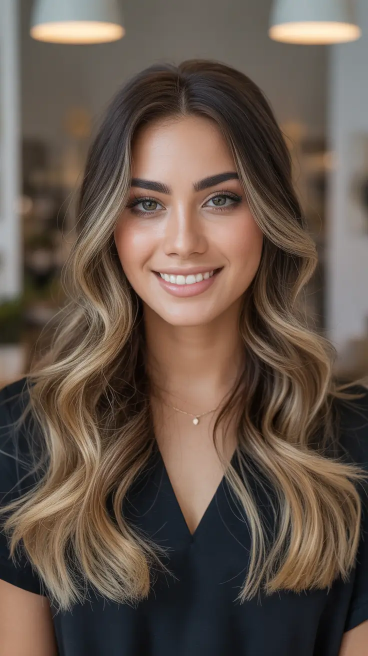 cute winter haircuts for women Balayage Waves with Middle Part