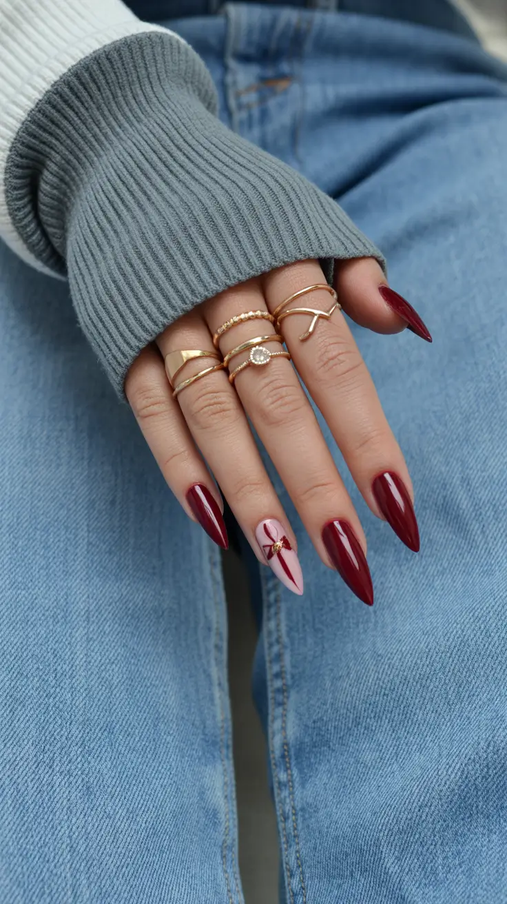 dark winter nails ideas 2025 2026 garnet gift bow
