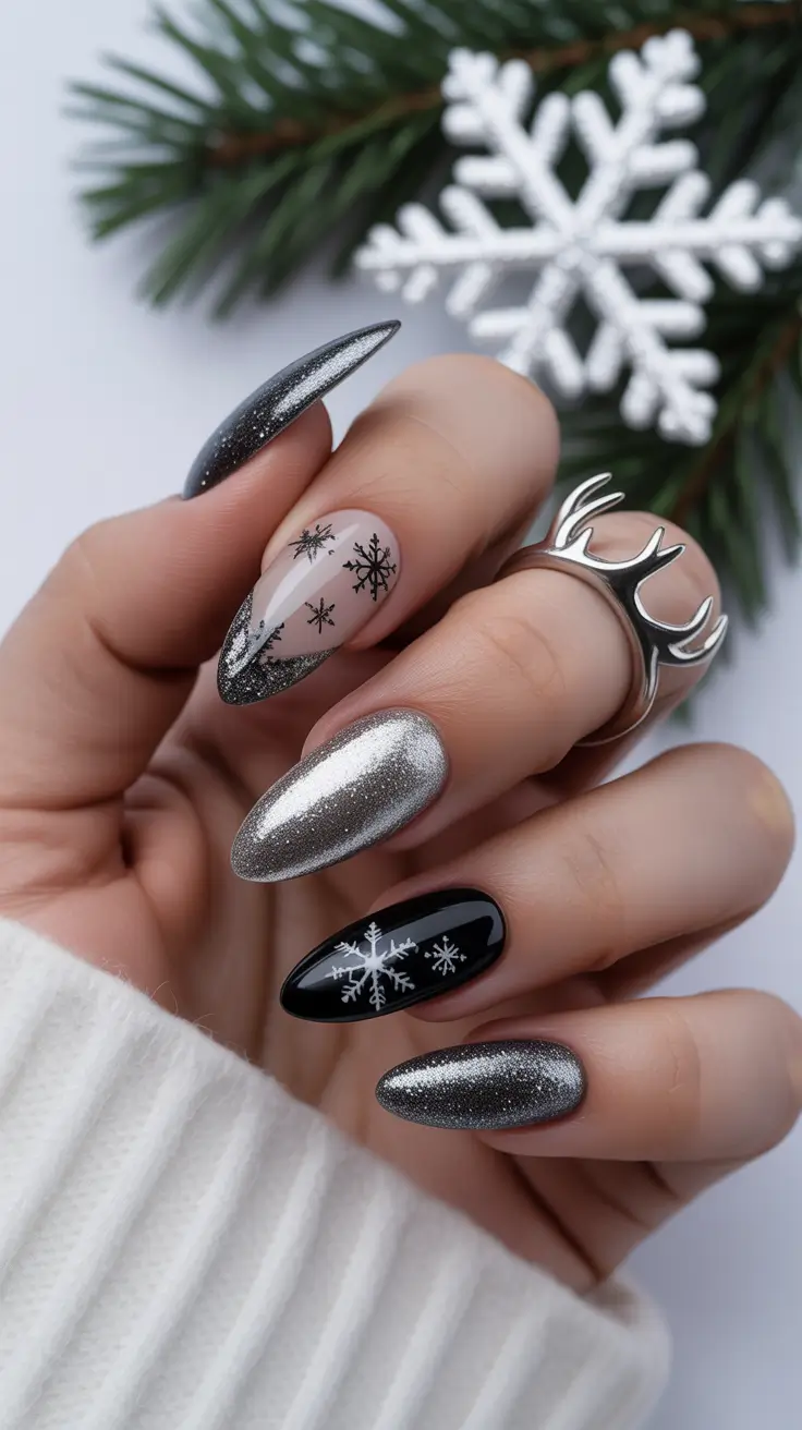 dark winter nails ideas 2025 2026 silver eclipse sparkle