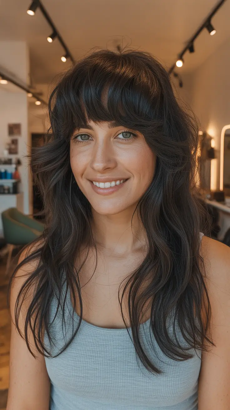 deep winter hair colors brunette Soft Brunette with Shaggy Layers