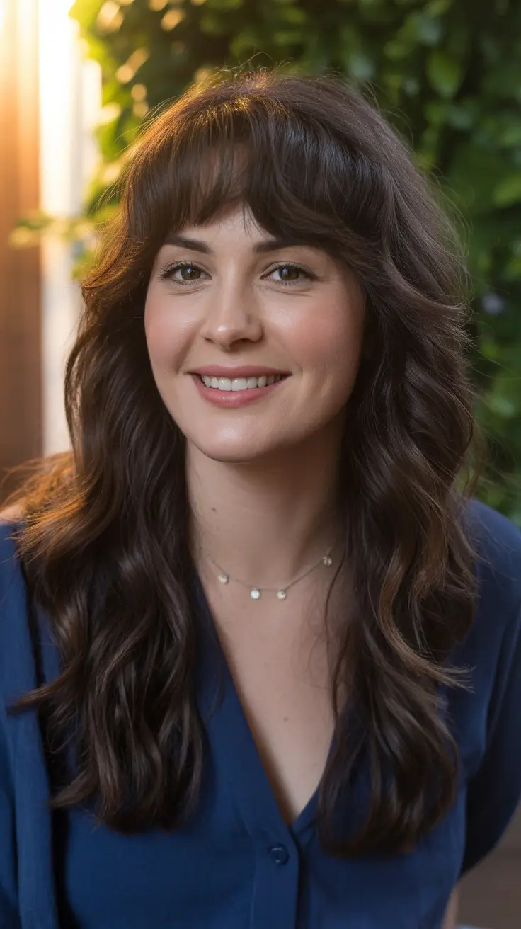 deep winter hair colors brunette Warm Brunette with Feathered Bangs