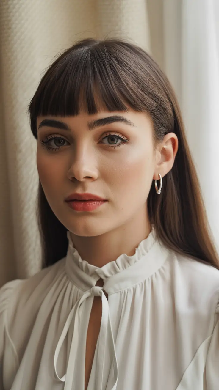 deep winter hair colors brunette Classic Brunette with Modern Bangs