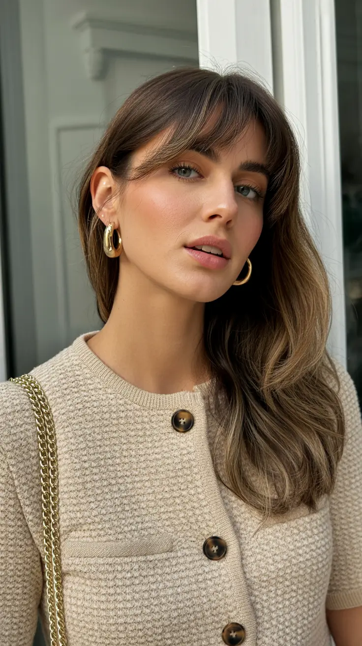 deep winter hair colors brunette Honey Brunette with Soft Bangs