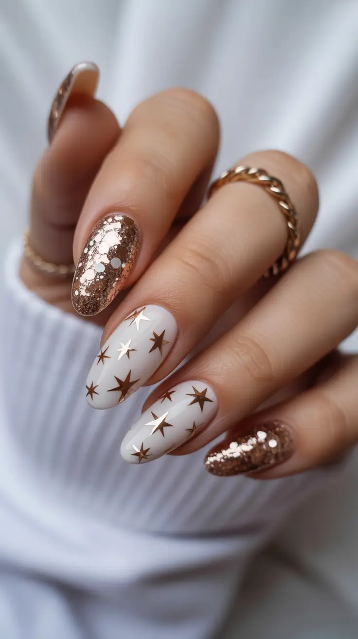 easy christmas nails ideas 2025 Golden Stars & White Magic