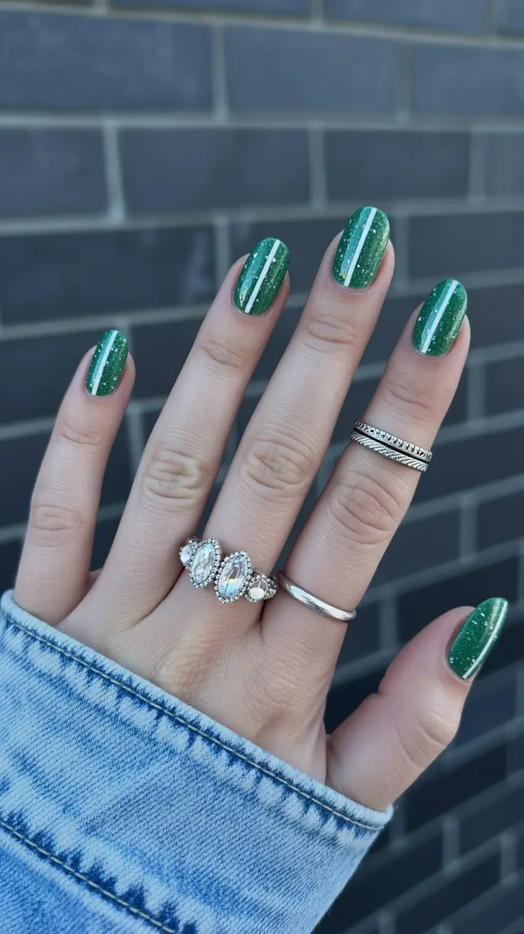 easy christmas nails ideas 2025 Emerald Ribbon Stripes