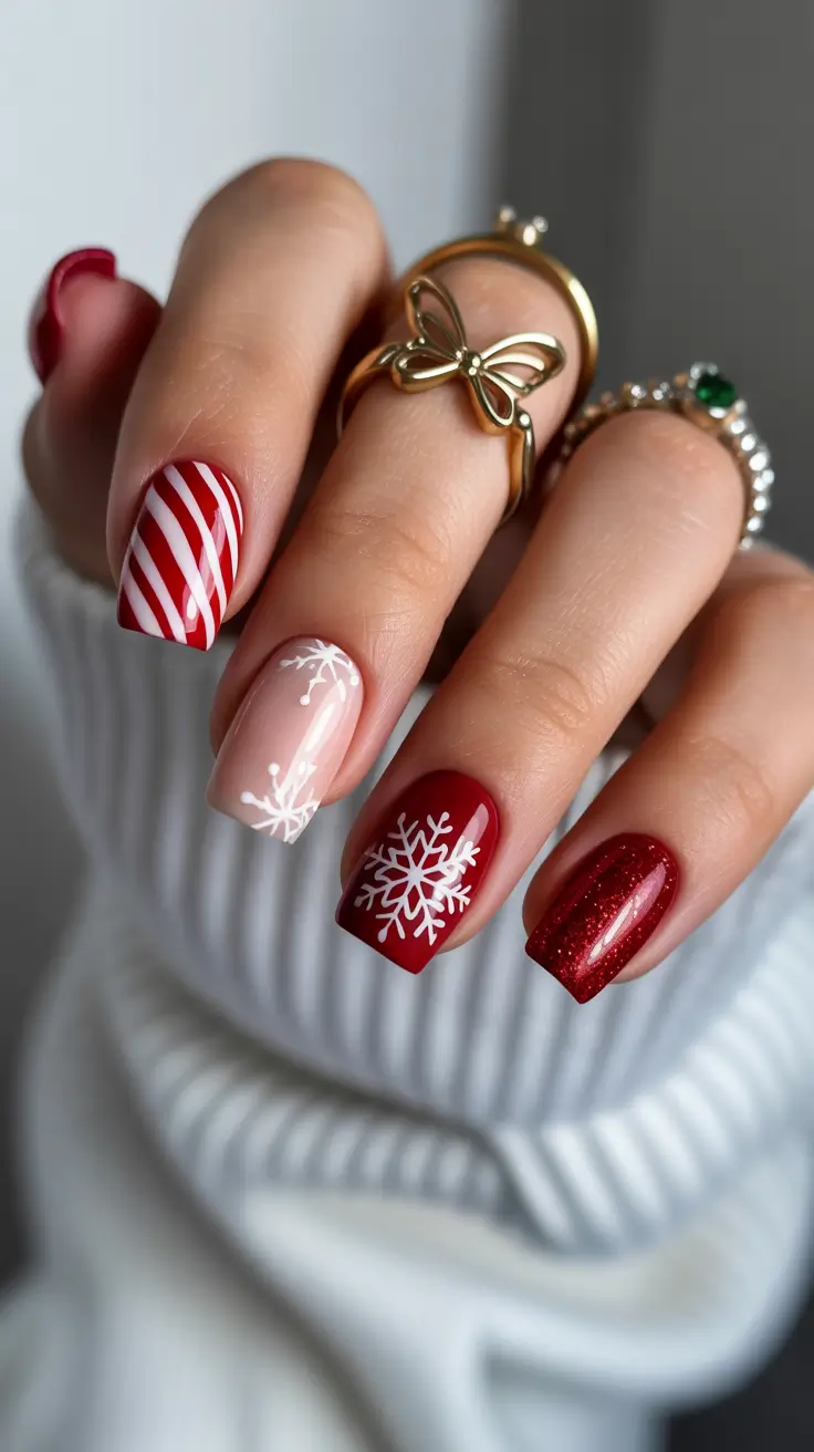 easy christmas nails ideas 2025 Candy Cane Snowflakes