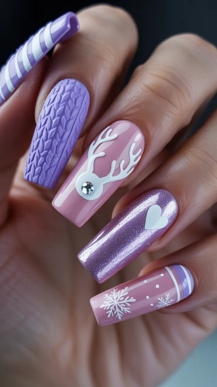 easy christmas nails ideas 2025 Lavender Reindeer Dream
