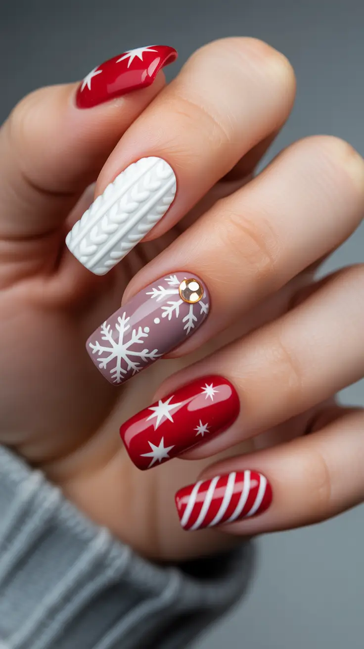 easy christmas nails ideas 2025 Knit & Candy Red Mix