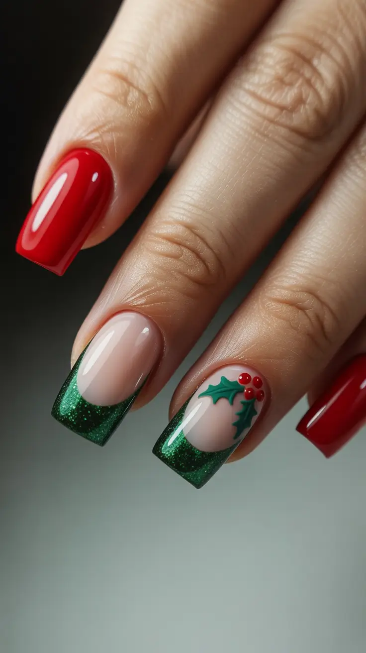 easy christmas nails ideas 2025 Holly Berry French Tips