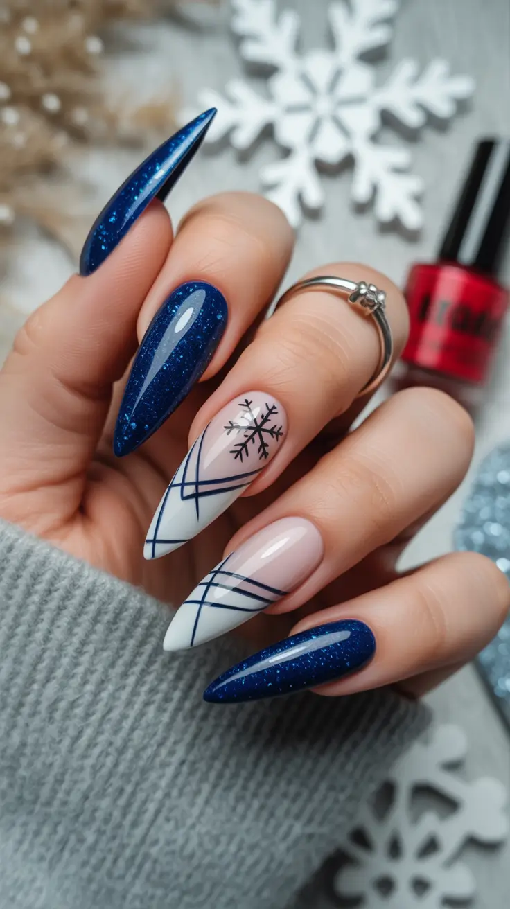 easy christmas nails ideas 2025 Midnight Blue Snowflakes