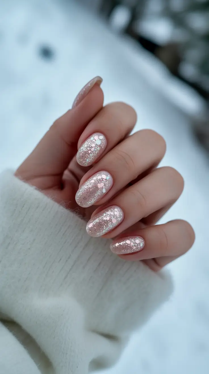 easy christmas nails ideas 2025 Soft Blush Sparkle