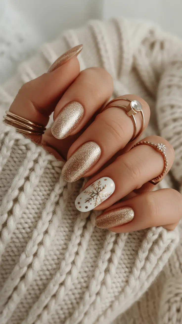 easy christmas nails ideas 2025 Golden Snowflake Charm