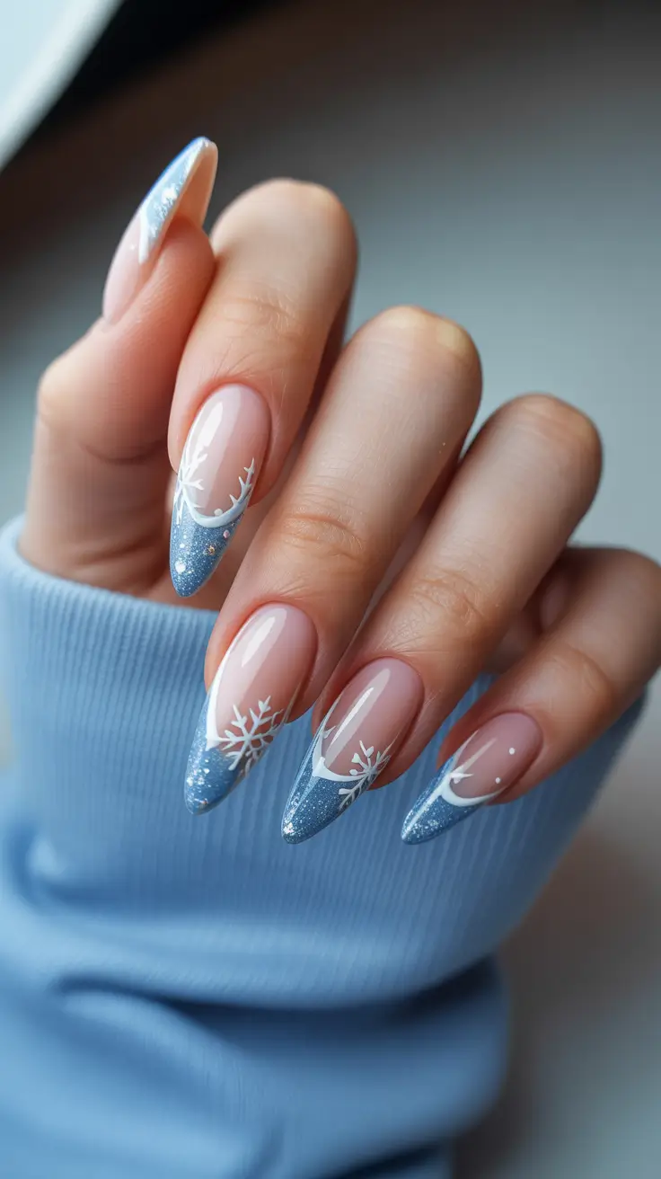 easy christmas nails ideas 2025 Blue Frost French