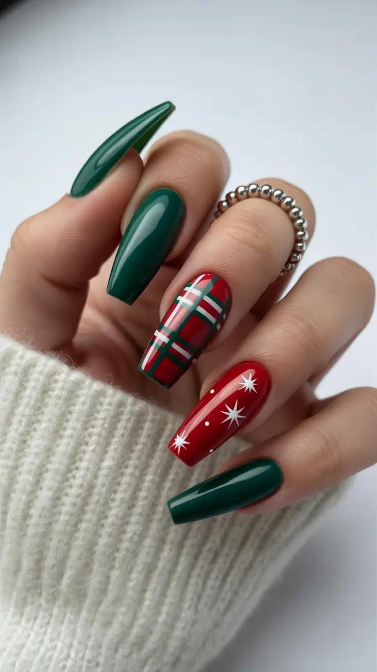 easy christmas nails ideas 2025 Classic Red & Green Plaid