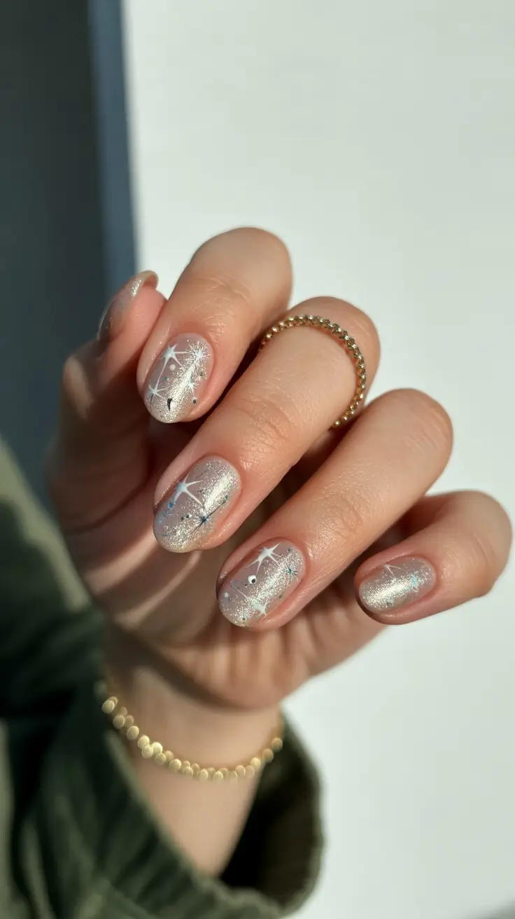easy christmas nails ideas 2025 Frosted Stardust Shine