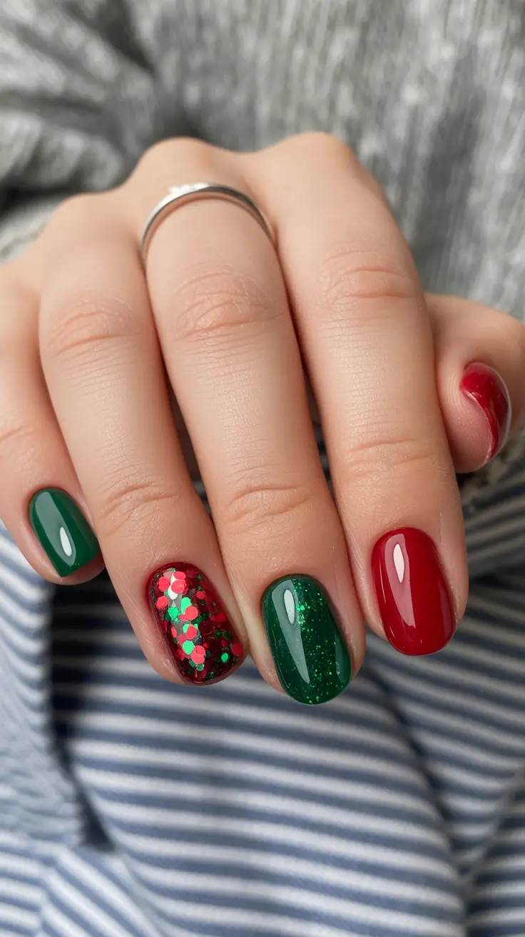 easy christmas nails ideas 2025 Festive Red & Green Sparkles
