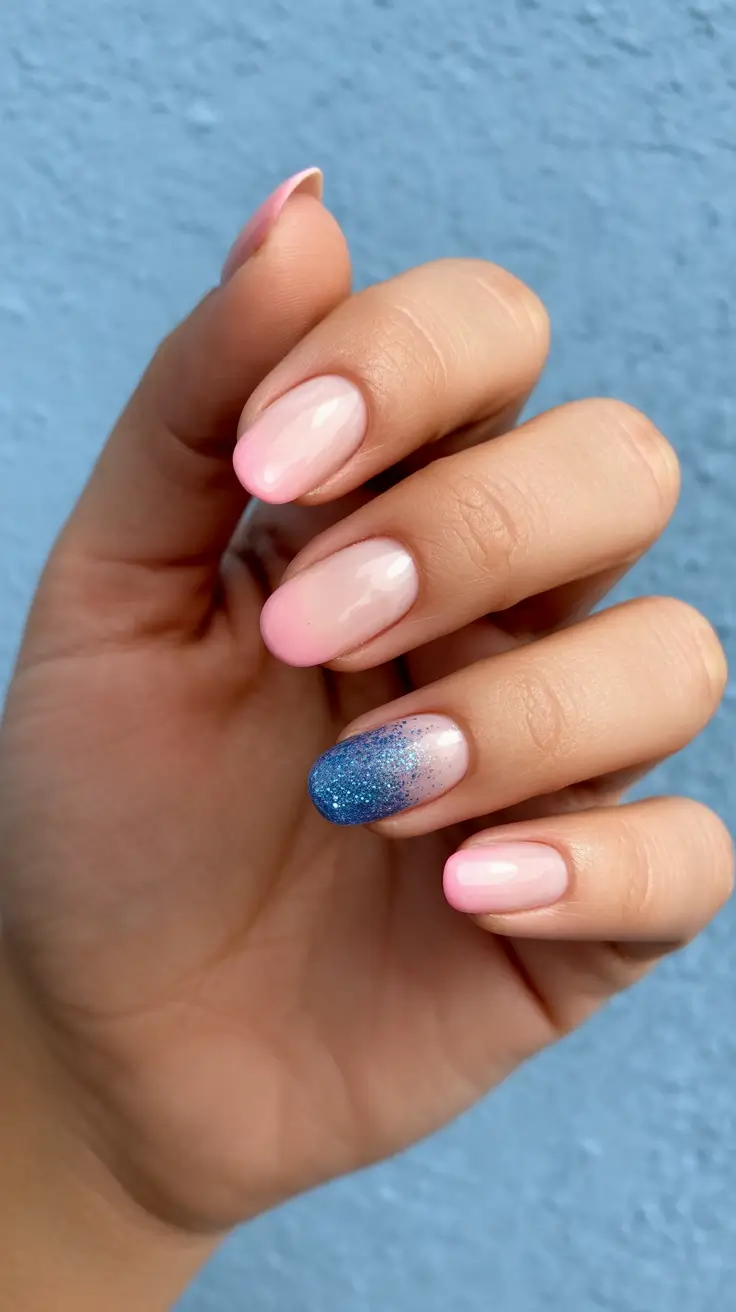 easy christmas nails ideas 2025 Pink Frost & Glitter Fade