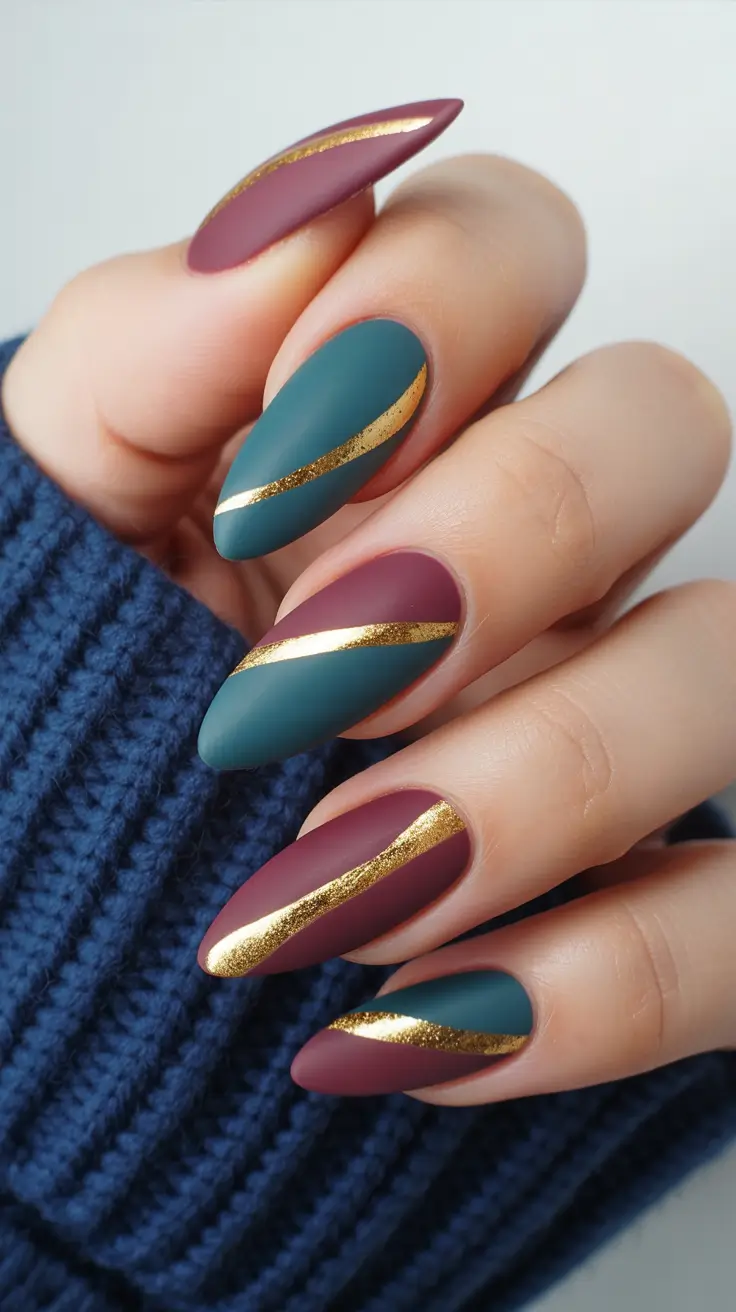 winter color nails gel 2026 Matte Burgundy and Teal Elegance