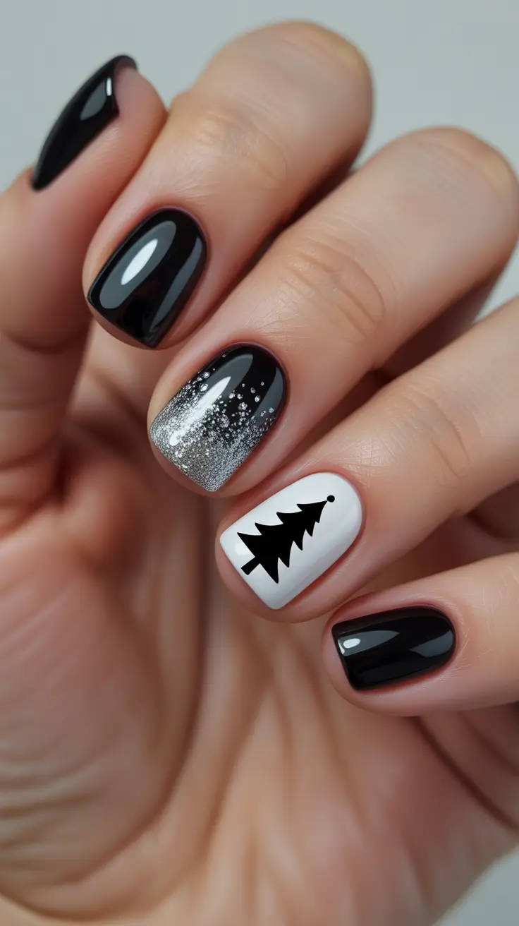winter color nails gel 2026 Black & Silver Frost