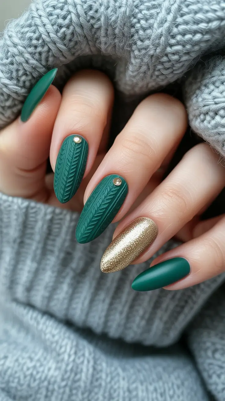 winter color nails acrylic short Knit Green & Gold