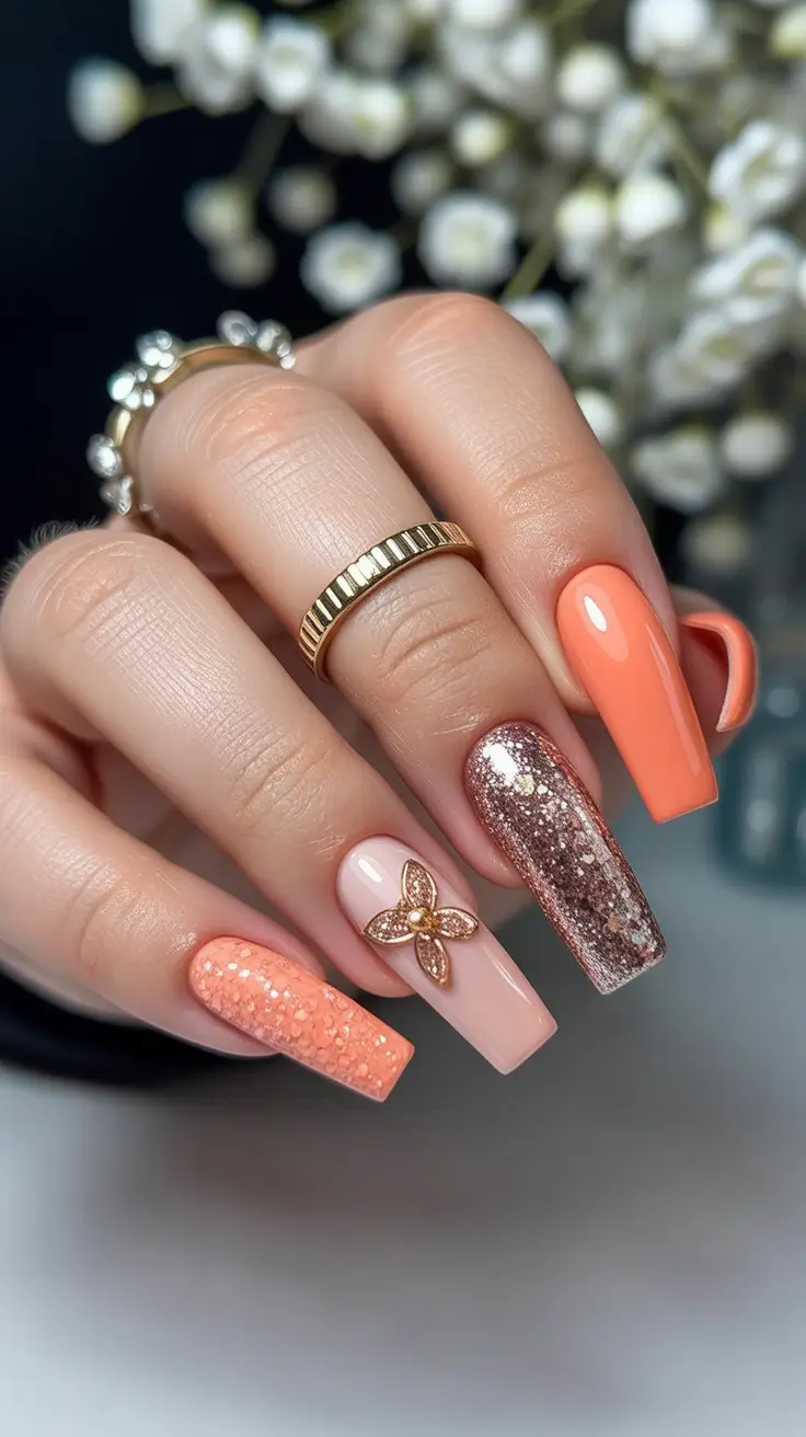 winter color nails acrylic Peach Glow & Gold Spark