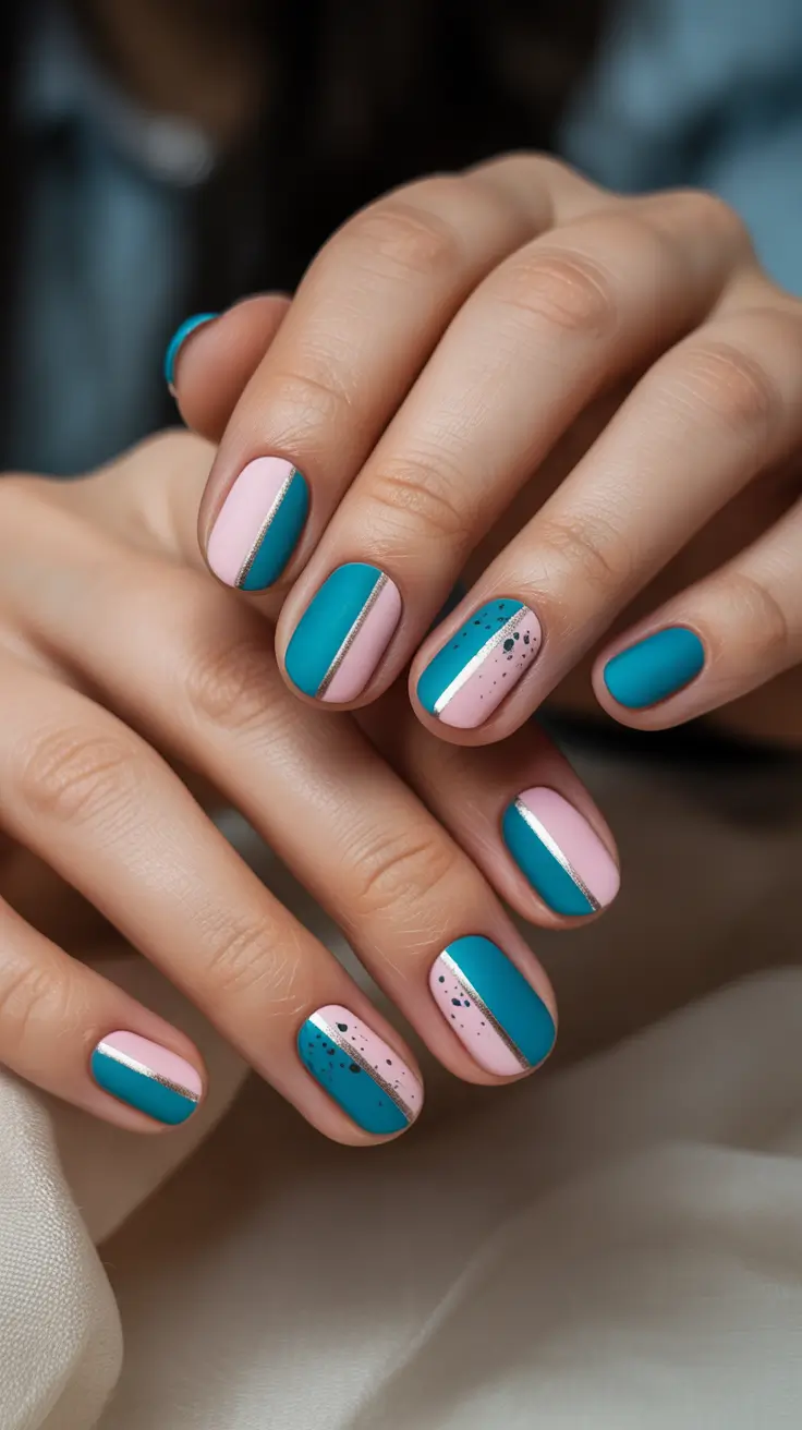 winter color nails gel short Retro Teal & Blush Geometry