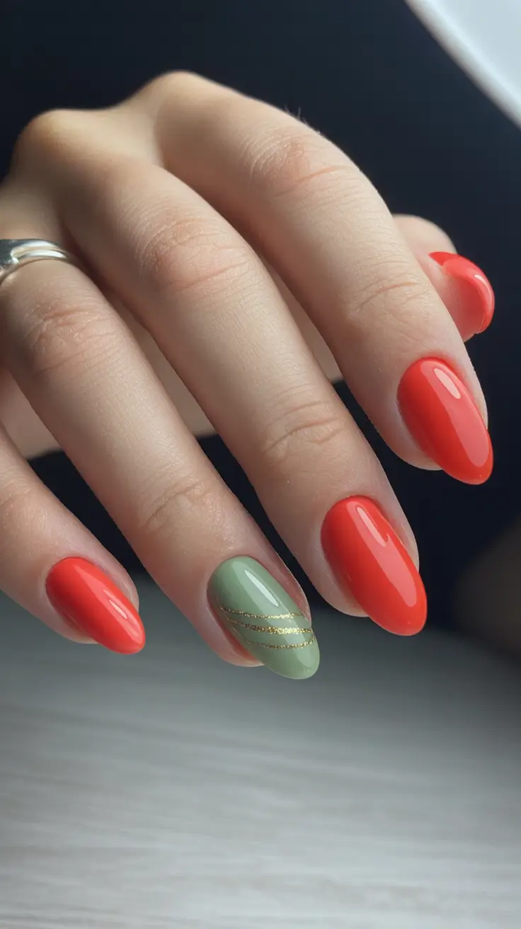 winter color nails gel 2026 Coral Red with Sage Accent