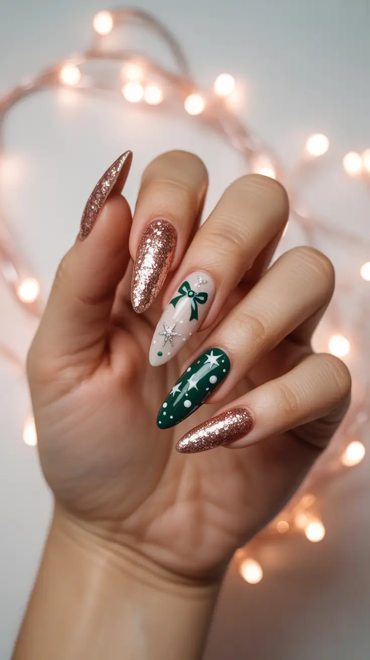 winter color nails almond Golden Glam & Emerald Charm