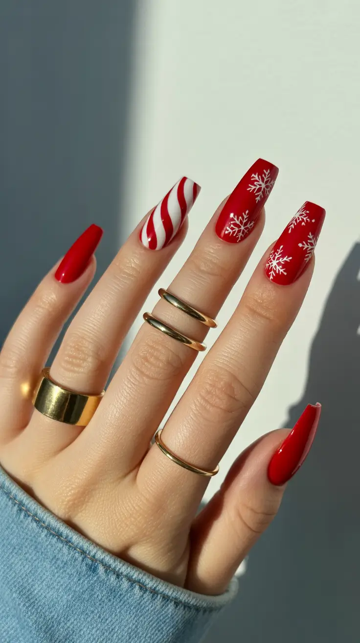 winter color nails gel 2026 Classic Candy Cane Red