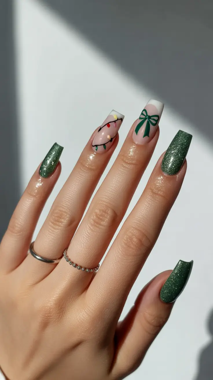 winter color nails acrylic 2026 Emerald Bow & Lights
