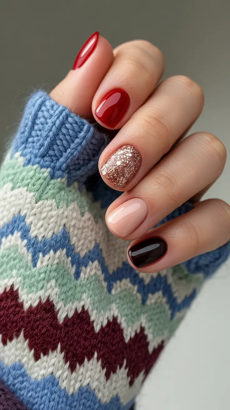 winter color nails dip 2026 Cozy Sweater Reds & Champagne Glitter